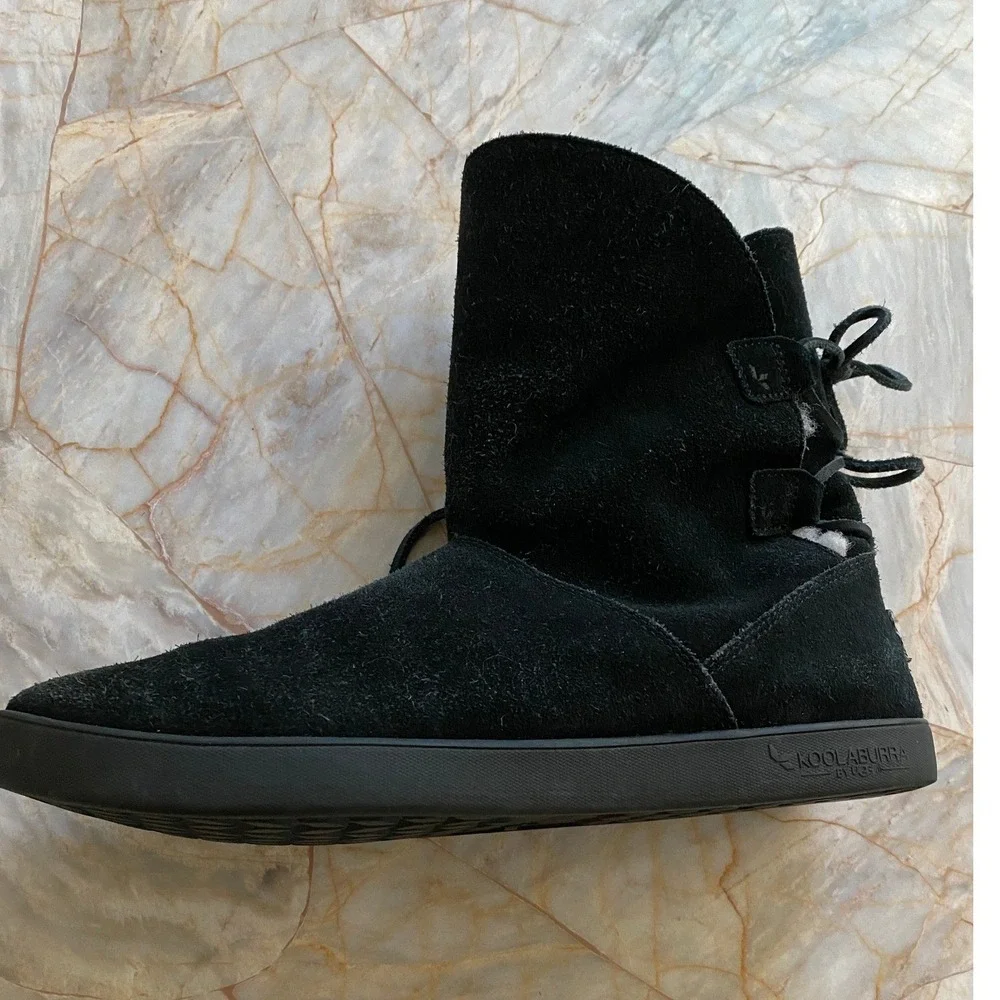 Koolaburra by UGG Black Suede Dezi Mid Calf Boots Faux Fur Lined Lace Zipper